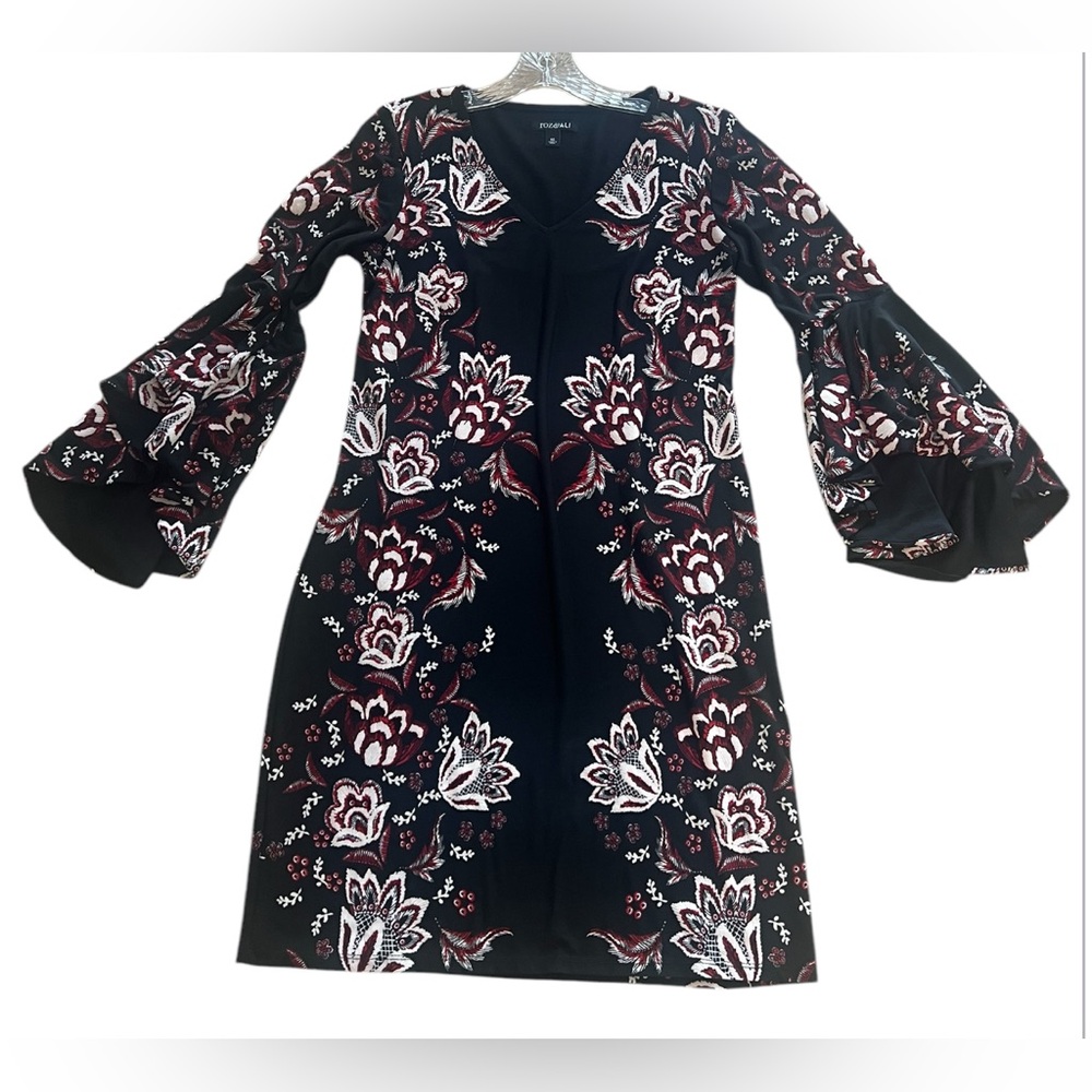 Roz & Ali Floral Stretch Knit Flare Bell Sleeves V-Neck Shift Dress SzXS  Chic
